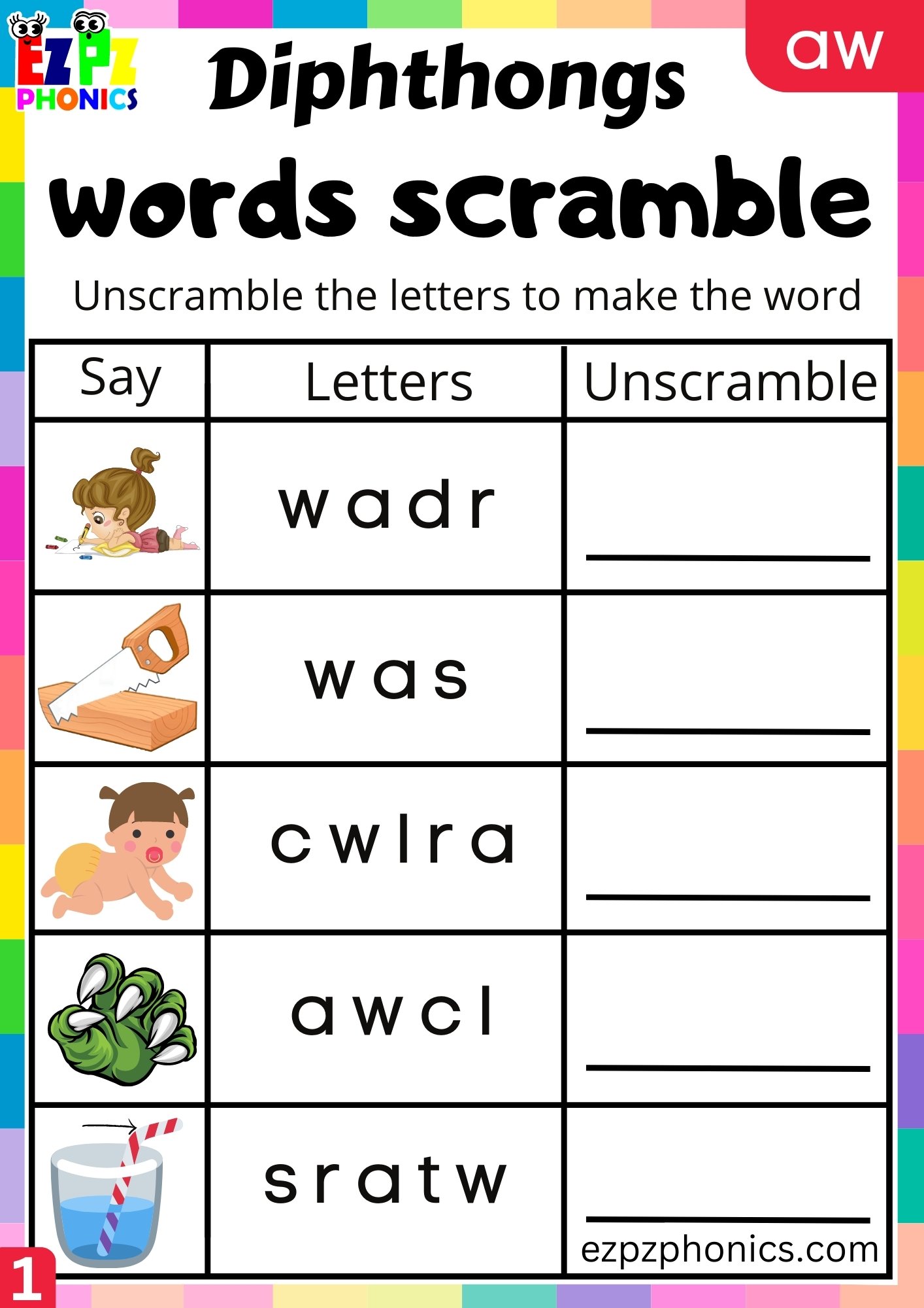 aw Diphthong Word Scramble Worksheet PDF Download